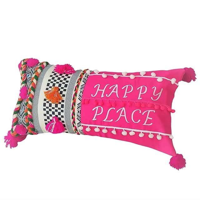 WWW.THROWPILLOW.IN Magenta Happy Place Embroidered Rectangular Cotton Decorative Cushion Cover with Handmade Braids, Tassels & Pom Poms for Bed Room, Living Room Decor (12x24)