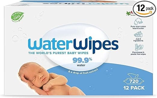 WaterWipes Plastic-Free Original Baby Wipes, 99.9% Water Based Wipes, Unscented for Sensitive Skin, 720 count (Pack of 12)